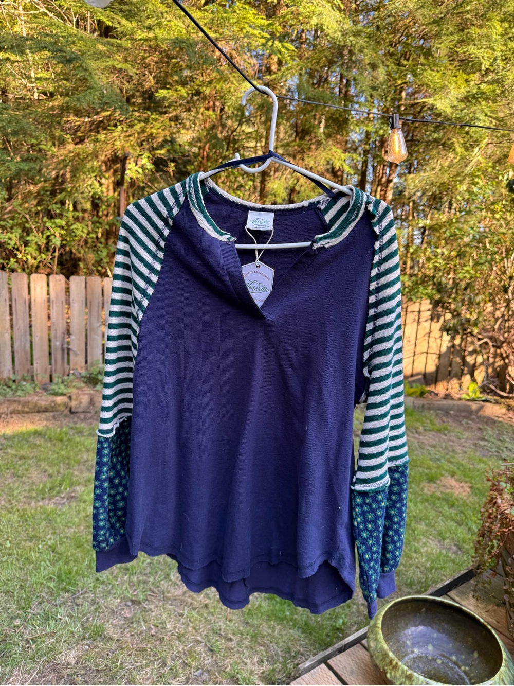 Very J Navy Tunic with Green & White Striped Sleeves - Picture 2 of 4